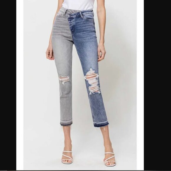 Vervet Denim - Vervet Asymmetrical Waist Two Toned Distressed Crop Jeans Size 25